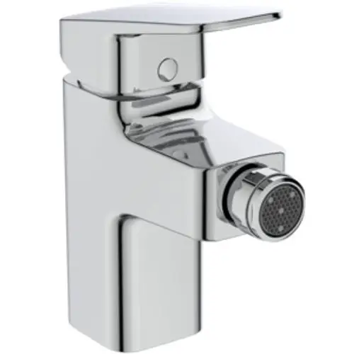 Bidetarmatur aus Chrom von Ideal Standard mit einem modernen Design. Die Armatur hat einen Hebelgriff und einen Anschluss für einen Wasserablauf.